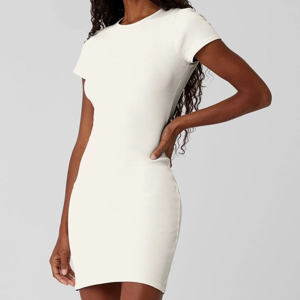 NWOT Goddess Ribbed Short Sleeve Dress Size S Off White - Picture 1 of 4